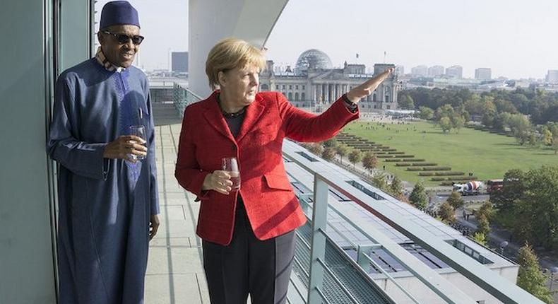 Nigeria President, Muhammadu Buhari and German Chancellor Angela Merkel on the sidelines of a meeting in Europe circa 2016 (Presidency)