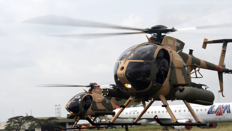 Kenya Defence Forces pilots conduct a fly test of the six MD-530F helicopters purchased through the United States Foreign Military Sales (FMS) Program.