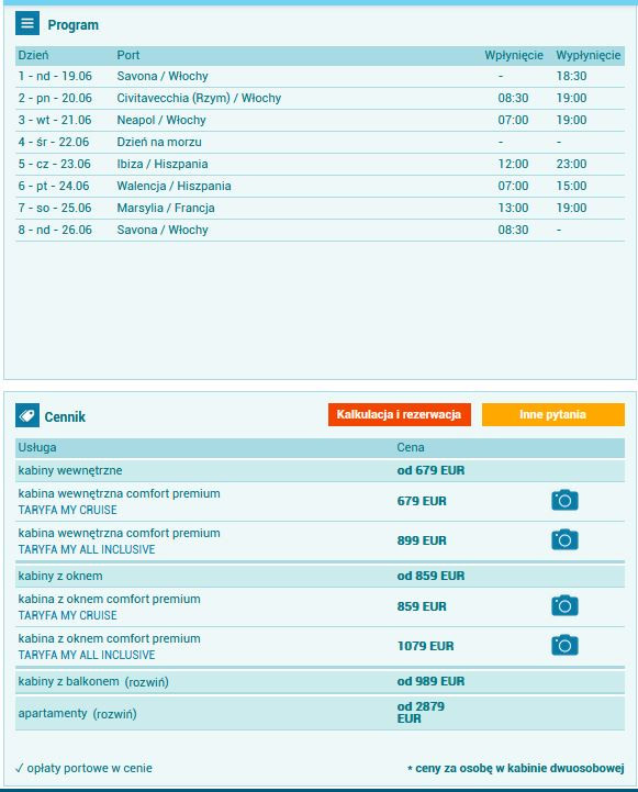 Ceny rejsu Costa Toscana od 19 do 26 czerwca w różnych opcjach (Zrzut ekranu z 13 czerwca br.)