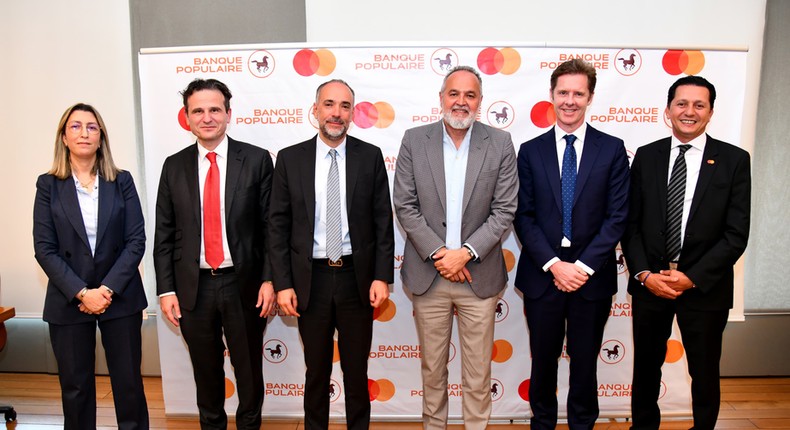 L-R: Soumia Fathallah, Head of Group Transaction Banking, BCP; Dimitrios Dosis, President of EEMEA region, Mastercard; Mohammed Kamal Mokdad,  General Manager, BCP & International; Jalil Sebti, General Manager, Commercial Banking, BCP; Mark Elliott, Division President, Africa, Mastercard; Mohamed Benomar: Country Manager, North Francophone Africa, Mastercard