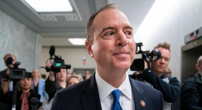 House Intelligence Committee Chairman Adam Schiff, D-Calif., evades reporters as he rushes to a vote during a committee hearing on Russia, on Capitol Hill in Washington, Thursday, March 28, 2019. (AP Photo/J. Scott Applewhite)