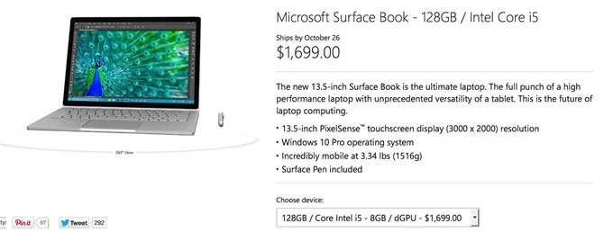 Surface Book w bazowej konfiguracji z GPU Nvidii kosztuje 1699 dolarów