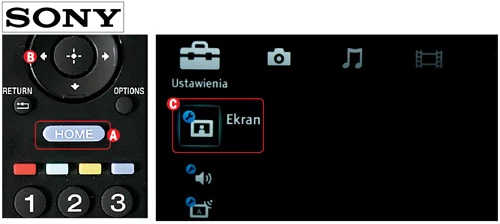 W telewizorach Sony do głównego menu wchodzimy, wciskając przycisk HOME (A) na pilocie. Następnie kursorem w le- wo (B) przechodzimy do końca menu. Wówczas aktywna będzie pozycja ustawień obrazu (C)