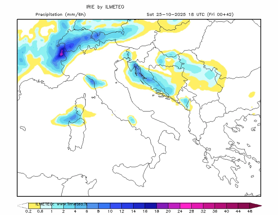 Mapa padavina za subotu oko 18 sati