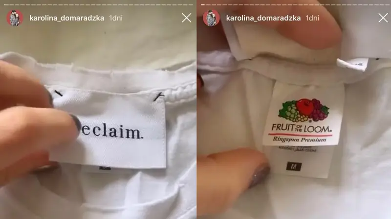 Na IG Karoliny Domaradzkiej pojawiło się nagranie jednej z klientek Veclaim, na którym widać nieuciętą metkę Fruit Of The Loom.