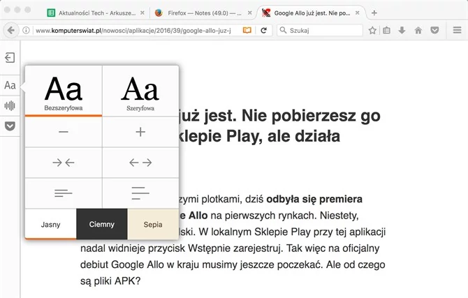 Firefox 49.0 wprowadza ulepszony tryb popraw czytelność.