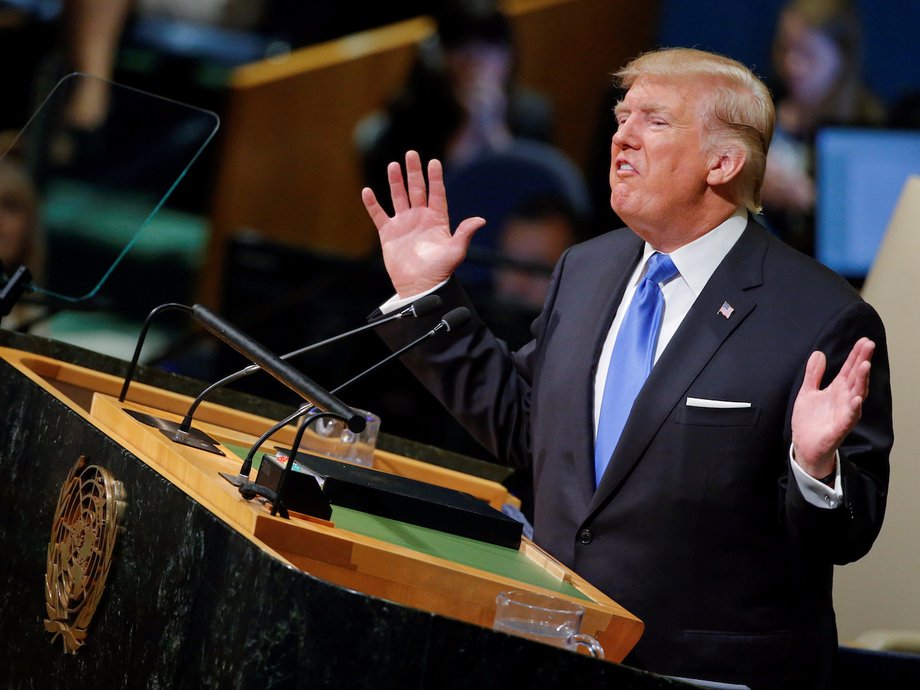 Trump addressing the United Nations, a speech in which he nicknamed Kim "Rocket Man."