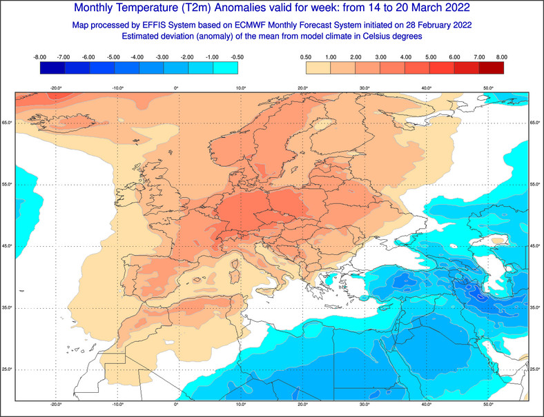Odchylenie temperatury od średniej w Europie w dniach 14-20.03.2022 r.