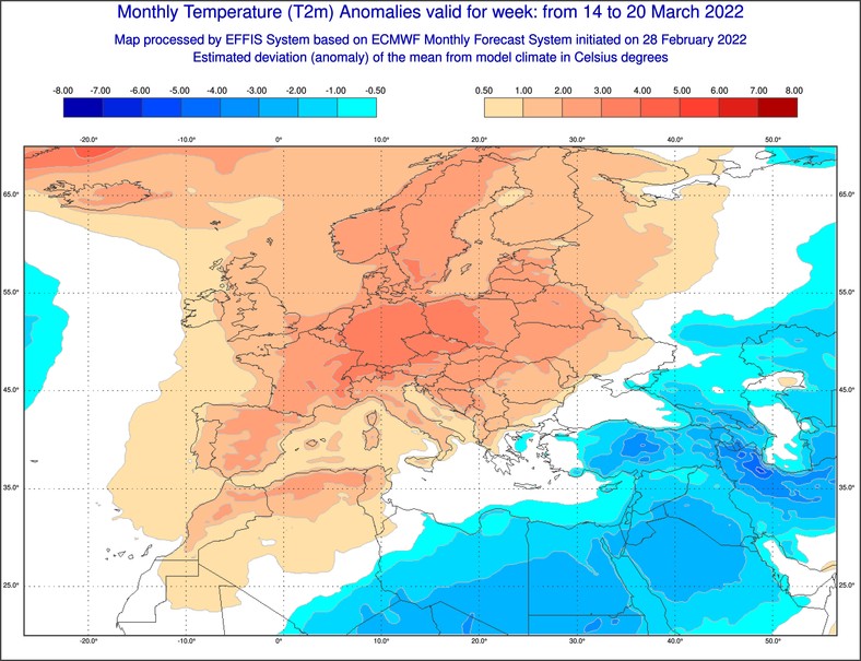 Odchylenie temperatury od średniej w Europie w dniach 14-20.03.2022 r.