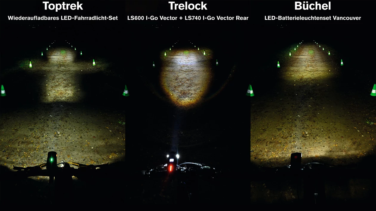 Tak drogę oświetlają lampy Toptrek LF12, Trelock I-Go Vector LS 600 i Buchel LED akumulatorowy zestaw oświetleniowy Vancouver