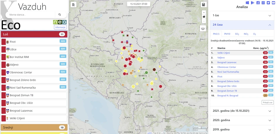Mapa aplikacije xEco pokazuje 24-časovno i satno aerozagađenje na nekoliko područja