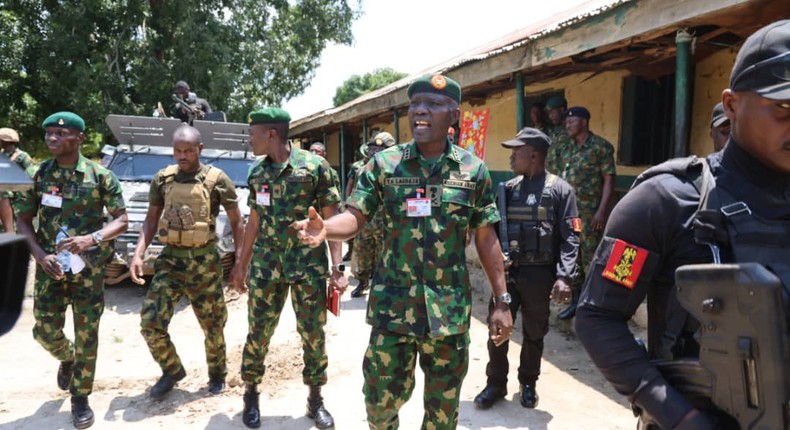 The Chief of Army Staff, Lt.-Gen. Taoreed Lagbaja addressing troops at Forward Operation Base (FOB) Erena in Shiroro Local Government Area of Niger state on Wednesday (16/8/23). [NAN]