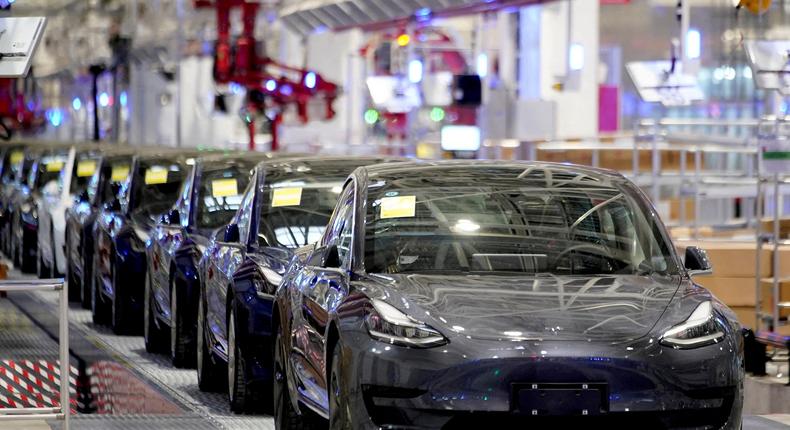 Tesla Model 3 vehicles at the company's factory in Shanghai, China.