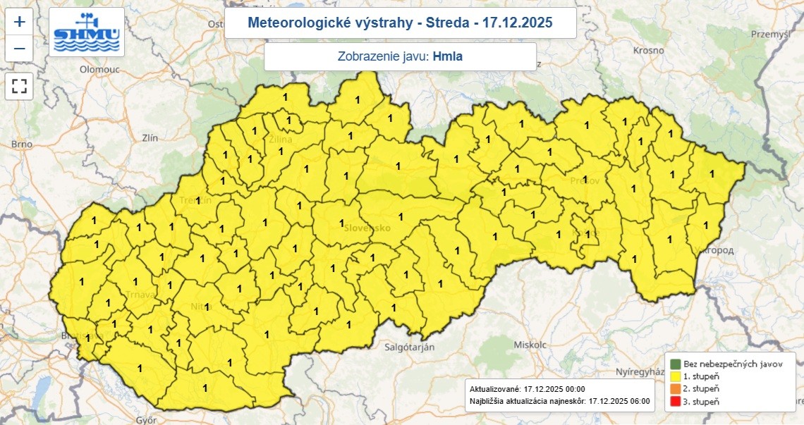 Výstrahu prvého stupňa pred hmlou vydal Slovenský hydrometeorologický ústav pre celú krajinu do stredy 10.00.