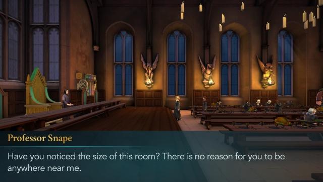 Snape trzyma gracza na dystans - ciętym jak zwykle humorem. Swoją drogą to, podobnie jak w filmie, jedna z ciekawszych postaci przemierzających korytarze Hogwartu