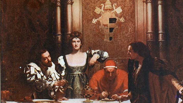 Kieliszek wina – obraz pre-rafaelity Johna Colliera przedstawiający rodzinę Borgiów. (domena publiczna)