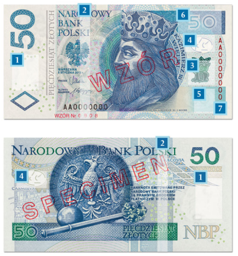 <strong>Nowe 50 zł - Źródło: NBP</strong><br /><br />

2. Nitka zabezpieczająca<br /><br />

Podczas oglądania banknotu pod światło widać pionową, ciemną linię z cyfrowym oznaczeniem nominału „50” i skrótem „ZŁ”, widocznymi również w odbiciu lustrzanym. Krój liter mikrotekstu został zmodyfikowany. Nitka zabezpieczająca została umieszczona w strukturze papieru. <br /><br />