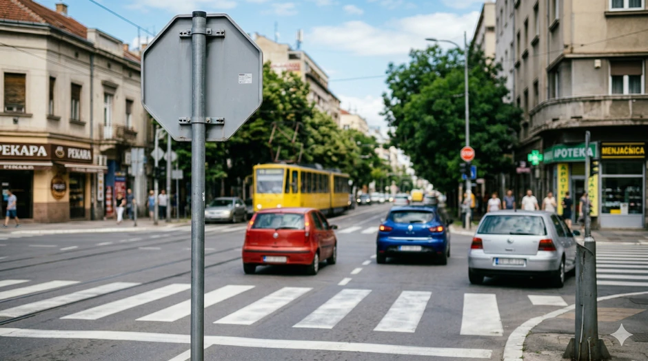 Znak STOP prepoznatljiv je i sa zadnje strane (fotografija je generisana uz pomoć AI)