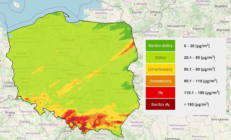 Prognoza stężenia pyłu zawieszonego PM10 w poniedziałek.