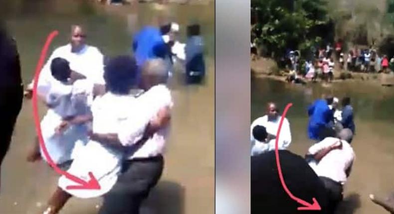 Lady attacks pastor during baptism, drags him into the river(video)