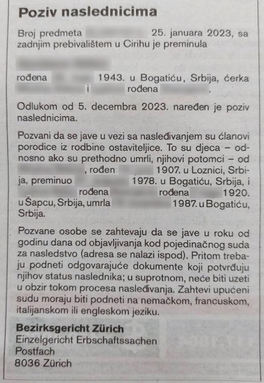 Švajcarski oglas za naslednike jedne Srpkinje