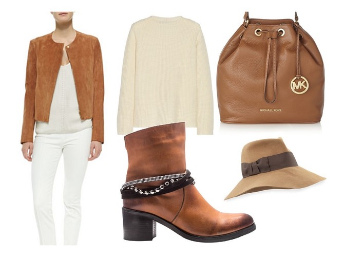 Zamszowa kurtka i sweter The Row, botki Carinii, torba-worek Michael Kors, kapelusz Eric Javits