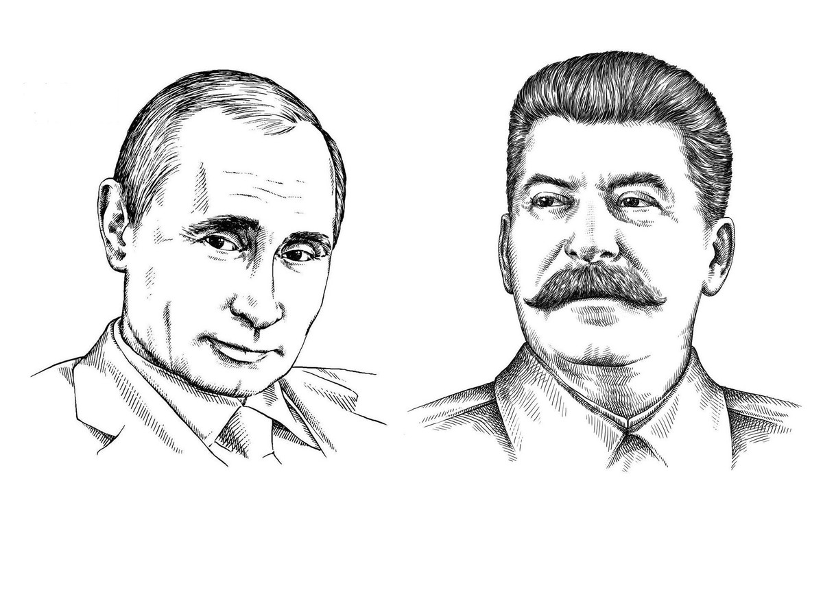 Rosyjscy przywódcy naszkicowani: Władimir Putin i Józef Stalin