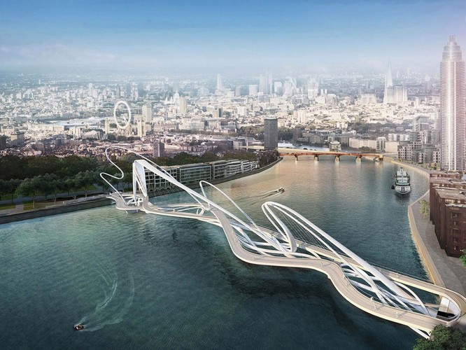 Most jak wstążki na wietrze. Ta koncepcja bywa nazywana przez londyńczyków wariacją pijanego architekta. Otwartym jest pytanie, czy taka konstrukcja pasowałaby do otoczenia. Ale z drugiej strony: skoro w 1999 r. władze Londynu zgodziły się na ustawienie w samym sercu miasta – między mostami Westminster i Hungerford - diabelskiego młyna London Eye (widać go także wewnątrz tego obrazka), to nie można wykluczyć kolejnego szokującego wyboru.