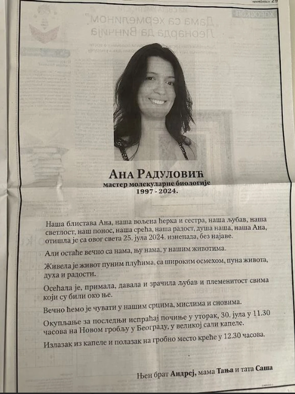 Umrlica čerke Saše Radulovića u listu Politika