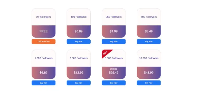Pakiety dostępne na jednej ze stron sprzedających followersów na Instagramie
