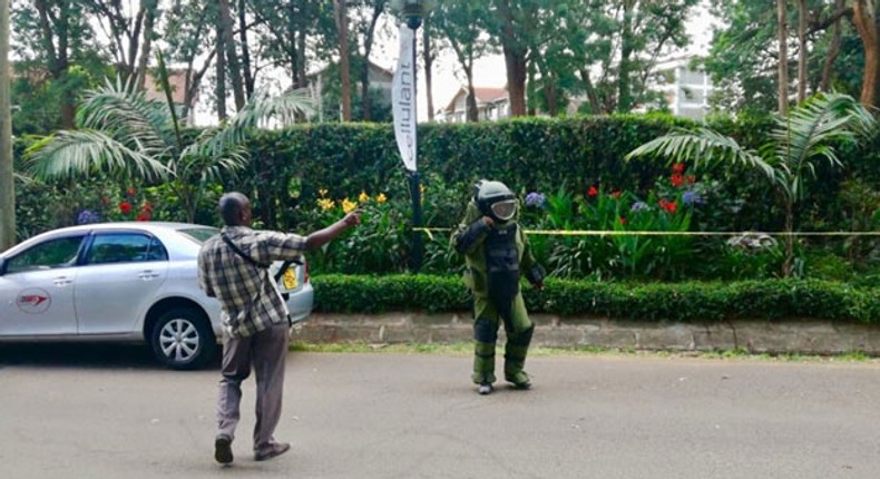 An officer from the Bomb Disposal Unit going to detonate explosives at the DusitD2 complex