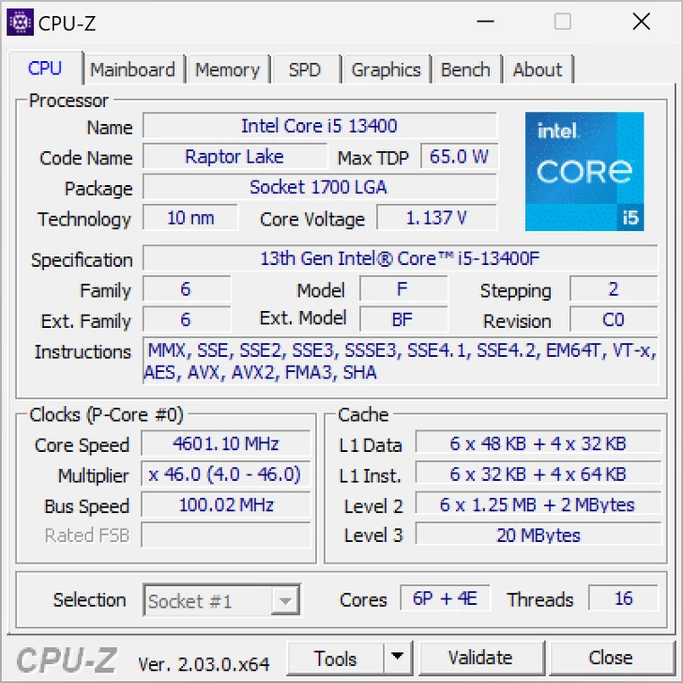 Intel Core i5-13400F – CPU-Z – specyfikacja procesora