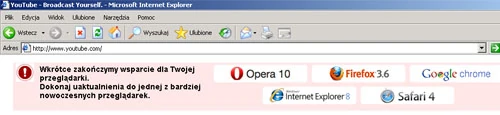 Taki komunikat otrzymają użytkownicy Internet Explorer 6 oraz innych przestarzałych przeglądarek.