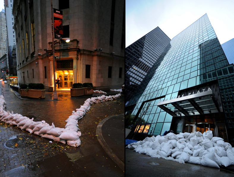 Nowy Jork przygotowuje sięna nadejście huraganu Sandy - z lewej zamknięty i zabarykadowany budynek nowojorskiej giełdy, z prawej jeden z biurowców na Manhattanie.
