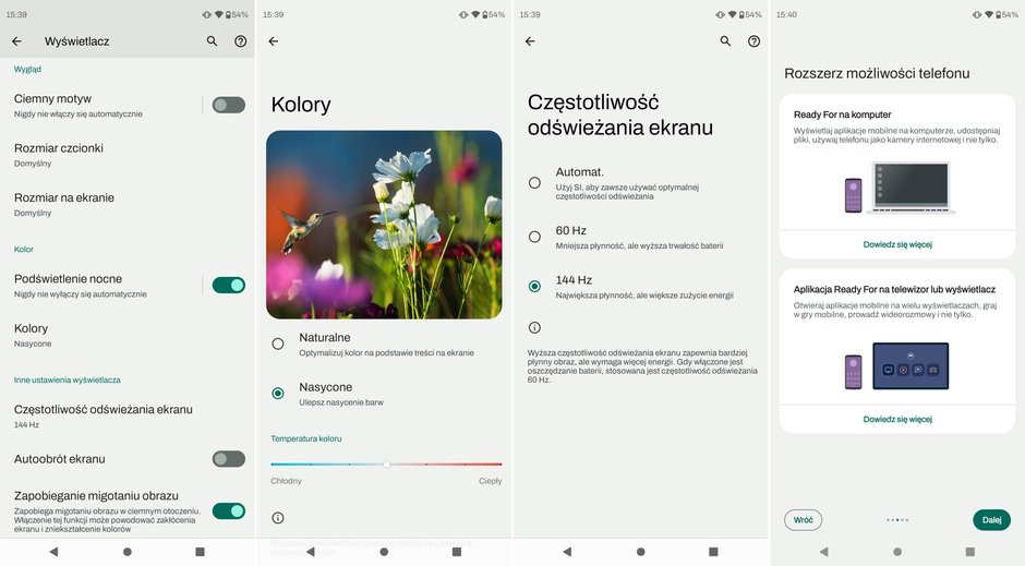 Ustawienia ekranu w menu smartfonu oraz tryby pracy funkcji Ready For, czyli współdzielenia zasobów telefonu na dużym ekranie lub z komputerem PC (kliknij, aby powiększyć)