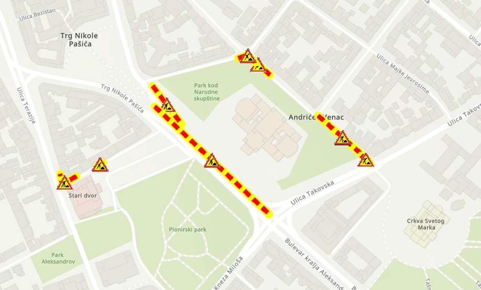 Mapa zatvorenih centralnih ulica u Beogradu