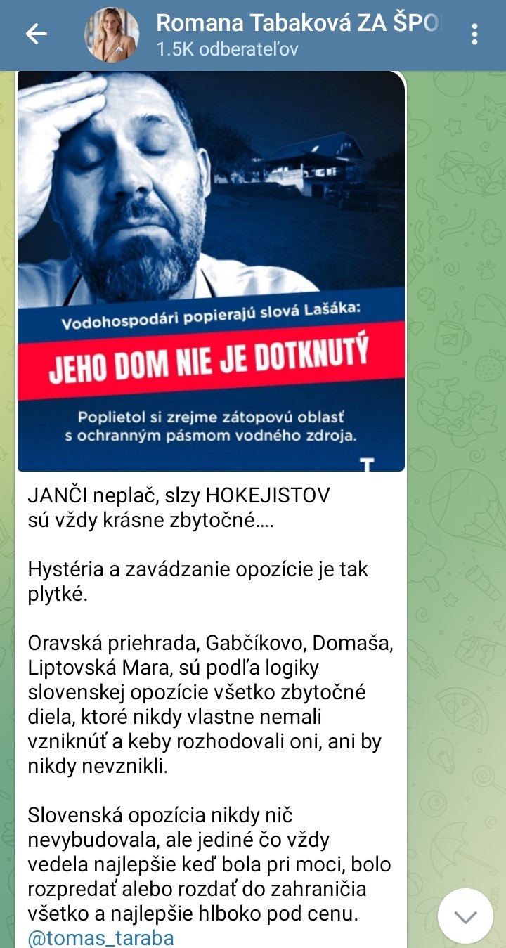 Romana Tabaková reaguje na kauzu medzi Jánom Lašákom a Tomášom Tarabom. 