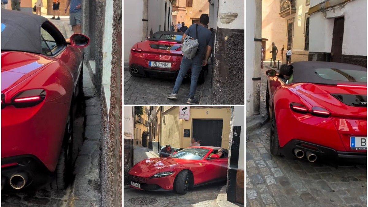 Un șofer a rămas înțepenit cu bolidul Ferrari de peste 290.000 de euro pe străduțele înguste din centrul istoric al Sevillei. Cum l-au salvat trecătorii