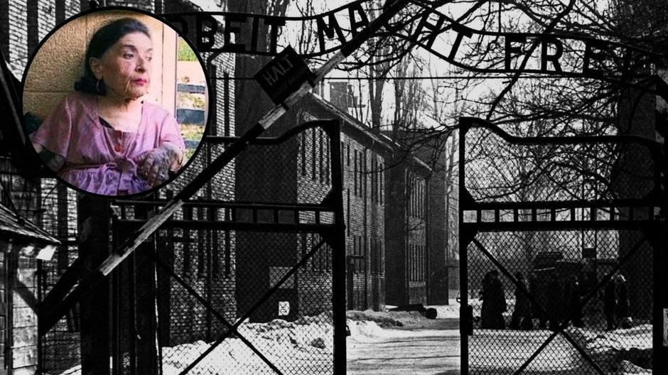 Brama wejściowa do obozu koncentracyjnego Auschwitz; w kółku: Perla Ovitz (zrzut ekranu z YouTube)