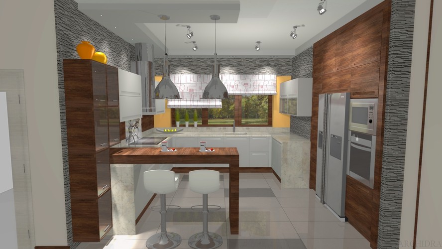 Nowoczesna, trochę industrialna kuchnia w modnych, ale zarazem bardzo uniwersalnych i ponadczasowych kolorach szarości z orzechowym drewnem.