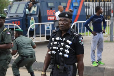 A police officer stands guard at the National Stadium, Lagos during RevolutionNow protest on Monday, August 5, 2019 [SaharaReporters]