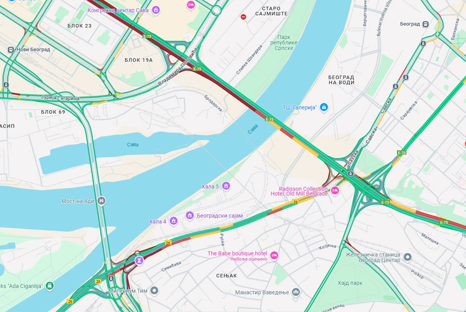 Mapa gužve na Gazeli i oko Beogradskog sajma i Ade Ciganlije