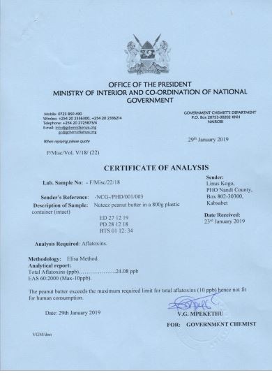 Statement by the government chemist on Nuteez peanut butter 