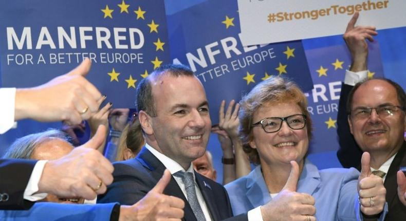 Manfred Weber (C) won the backing of 79.2 percent of delegates of the European People's Party (EPP) meeting in Helsinki