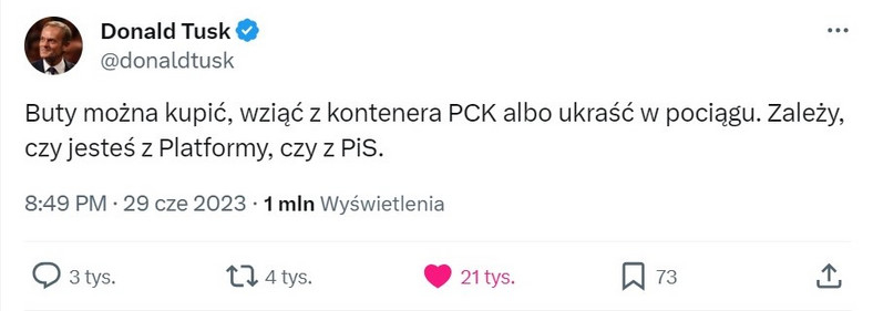 Temat okradania kontenerów PCK przez polityków PiS był często przywoływany przez Donalda Tuska. Źródło: Twitter