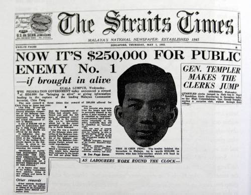 
Strona tytułowa „The Straits Times” z 1 maja 1952 r. z listem gończym za Chin Pengiem

