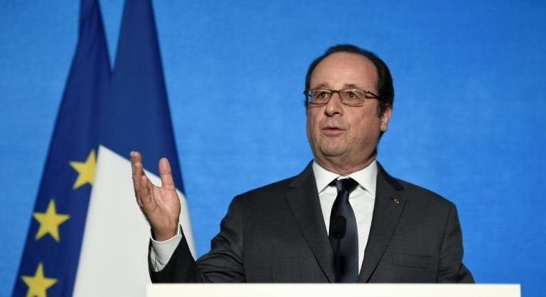 French President Francois Hollande speaks during his visit to Aubervilliers, north of Paris, on February 14, 2017