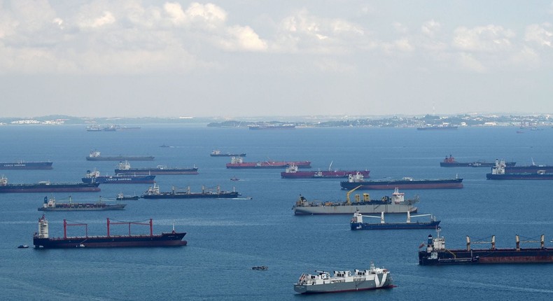 Vessels anchored at the southern end of the Singapore Strait on September 21, 2021.