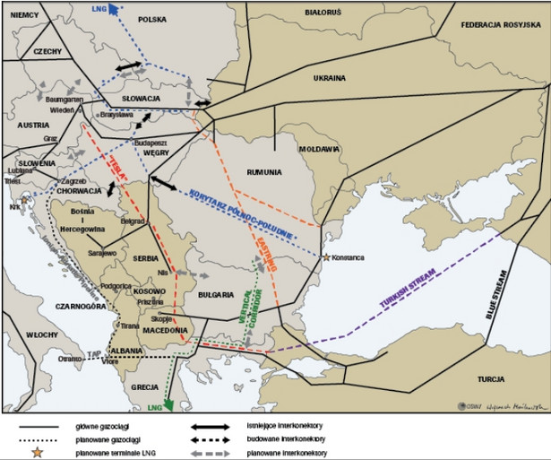 Propozycje szlaków nowych dostaw gazu do Europy Środkowej i Południowo-Wschodniej. Źródło: OSW