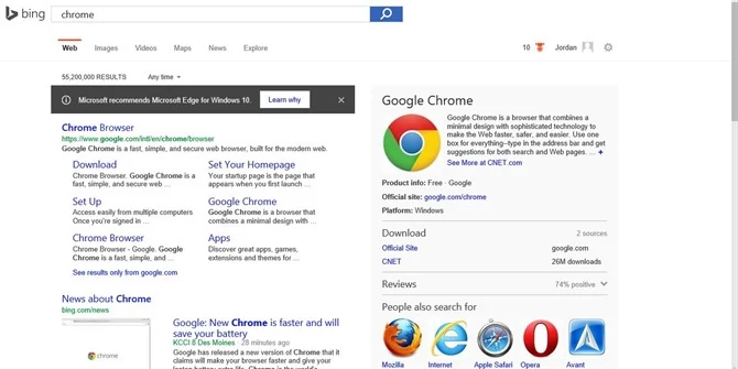 Bing w Windows 10 sugeruje, abyś nie ściągał Chrome lub Firefoksa